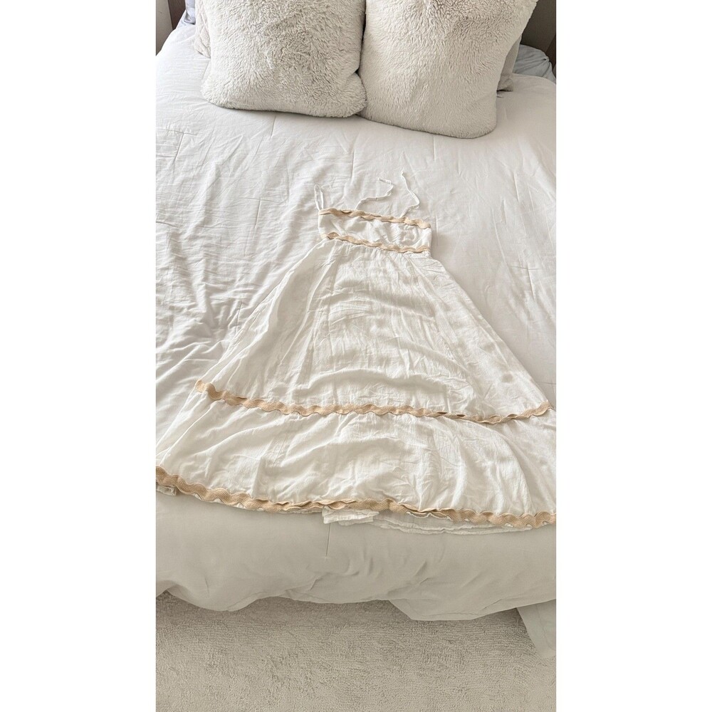 Sim & Sam Women's Sundress Size S White Cream Rickrack Trim Smocked Back Linen B